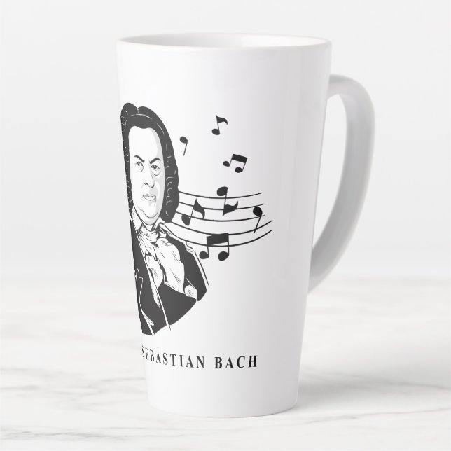 Tasse Latte Johann Sebastian Bach Portrait et buste avec notes (Angle droit)