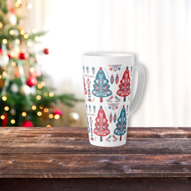 Tasse Latte Joli arbre de Noël rouge et bleu Motif nordique (Créateur téléchargé)