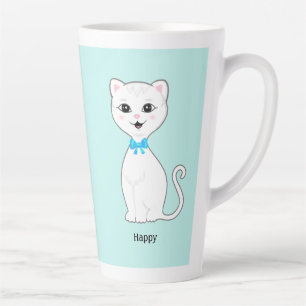 Tasse Latte Joli chat blanc heureux sur fond bleu clair