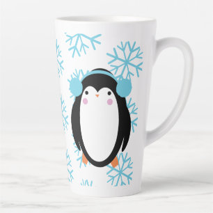 Tasse Latte Joli manchot d'hiver et flocons de neige