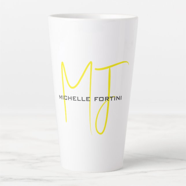 Tasse Latte Joli Monogramme Jaune Blanc Moderne Minimaliste (Devant)