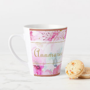 Tasse Latte Joli nom personnalisé Floral rose et or
