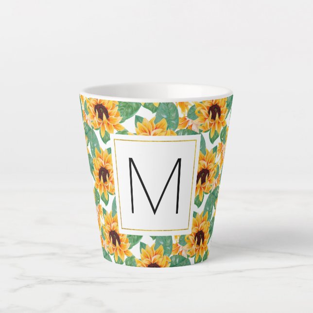 Tasse Latte Joli tournesol Jaune & Vert Motif Monogramme (Devant)