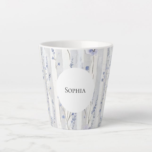 Tasse Latte Jolie Lavande Fleurs Blanches Rayures Baby Shower (Devant)