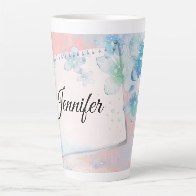Tasse Latte Jolies fleurs bleues sur Arrière - plan rose (Devant)