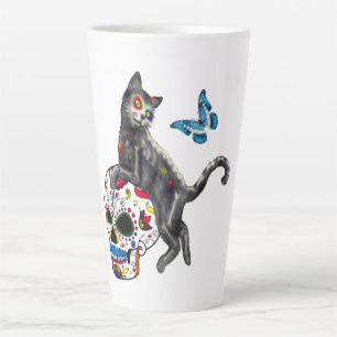 Tasse Latte Jour De La Morte Chat Crâne Sucre Et Papillon