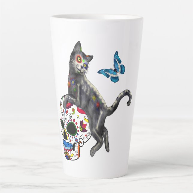 Tasse Latte Jour De La Morte Chat Crâne Sucre Et Papillon (Devant)