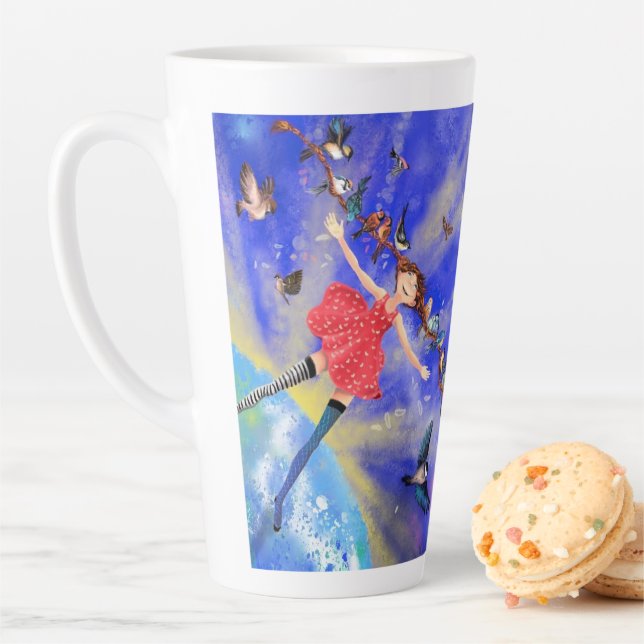 Tasse Latte Joyeuse fille aux oiseaux - Happines - (En situation)
