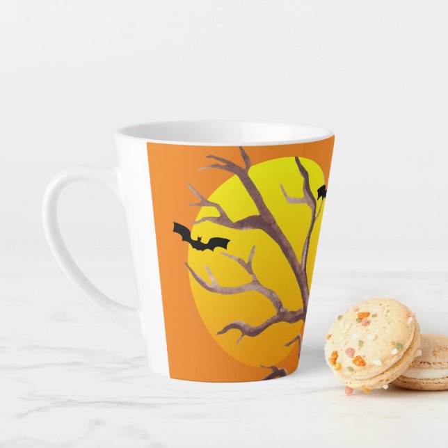 Tasse Latte Joyeuses chauves-souris d'Halloween et latte de lu (En situation)