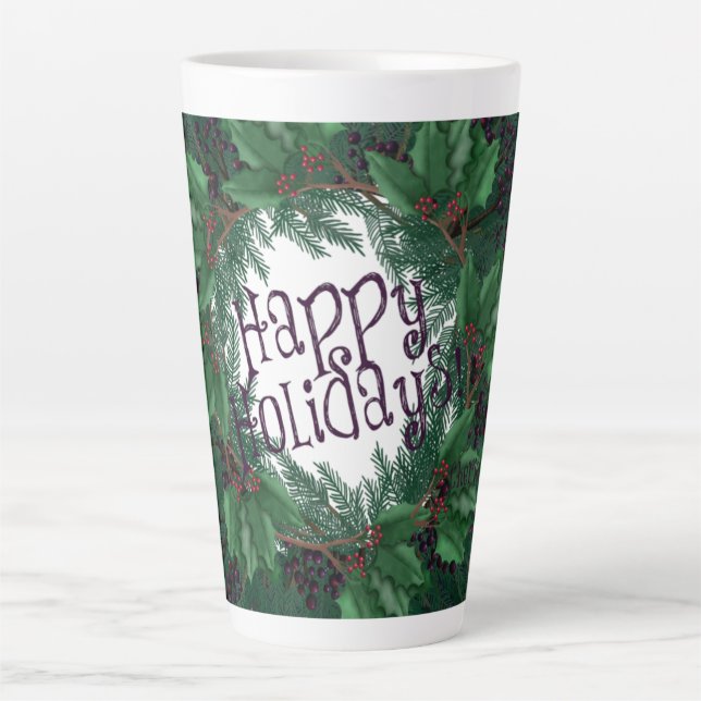 Tasse Latte Joyeuses fêtes de Noël Wreath ! Noël (Devant)