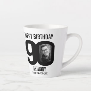 Tasse Latte Joyeux anniversaire 90 nom et deux photos de l'ann