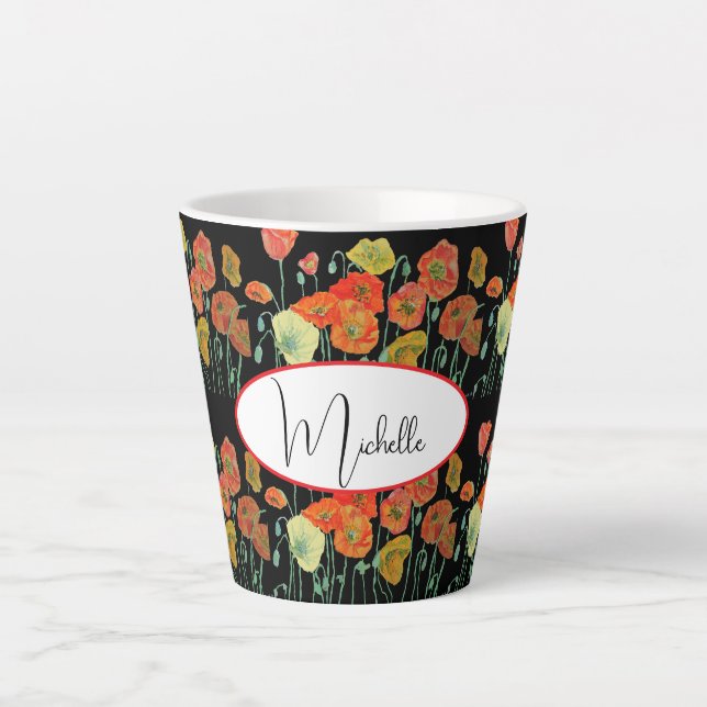 Tasse Latte Joyeux anniversaire Pavot floral Orange dames Nom  (Devant)