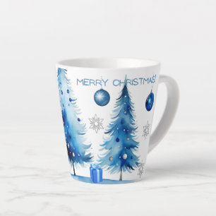 Tasse Latte Joyeux Noël Argent et bleu Japandi Aquarelle