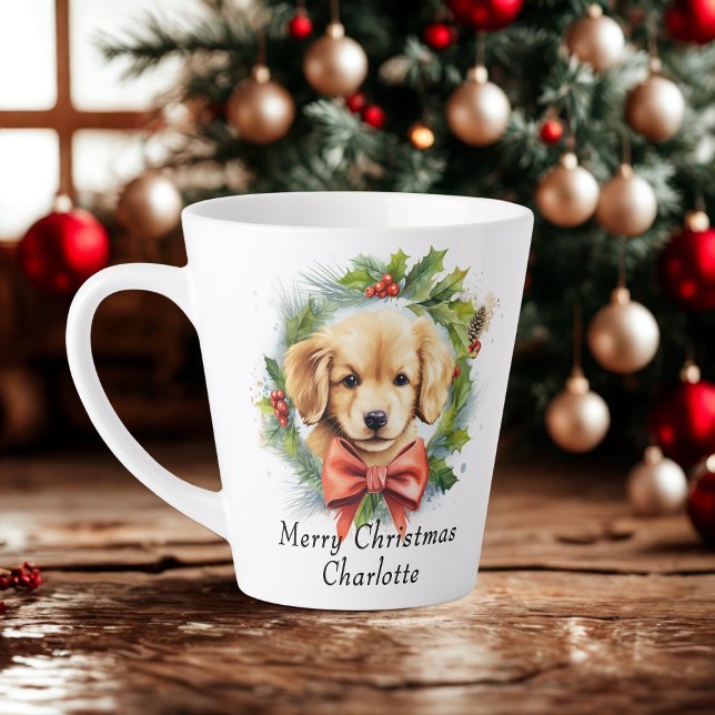 Tasse Latte Joyeux Noël mignon Aquarelle Chien Chien Chien Nom (Créateur téléchargé)