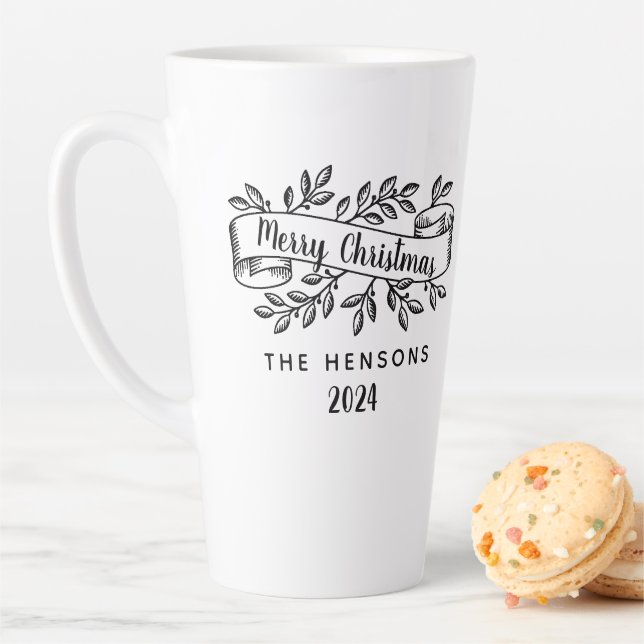 Tasse Latte Joyeux Noël Rustique Ruban Nom de famille (En situation)