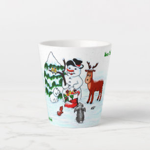 Tasse Latte Joyeux Noël ! Snowman avec amis