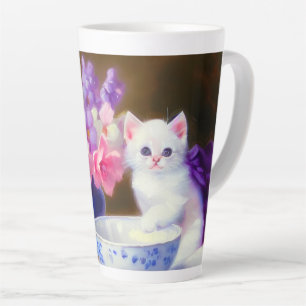 Tasse Latte Kitten blanc vintage avec ruban violet