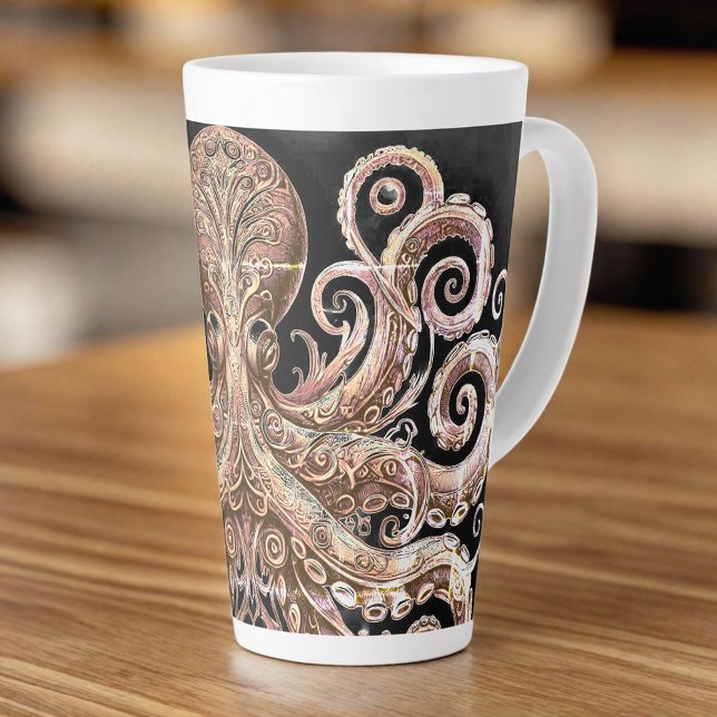 Tasse Latte Kraken Steampunk Octopus Ornate Gold et Noir (Créateur téléchargé)
