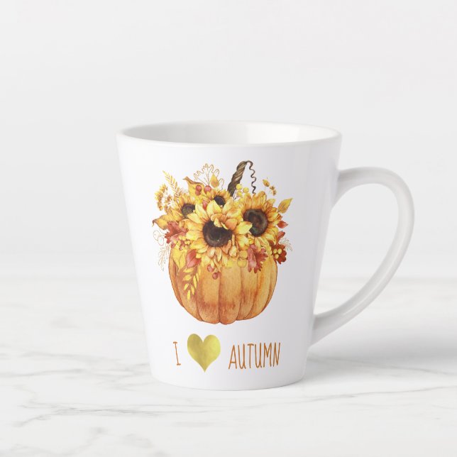 Tasse Latte l Love Automne Aquarelle Citrouille de tournesol (Droite)