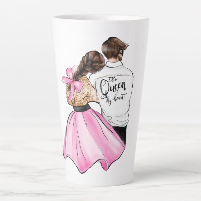 Tasse Latte La Reine de mon coeur couple de la Saint-Valentin  (Devant)