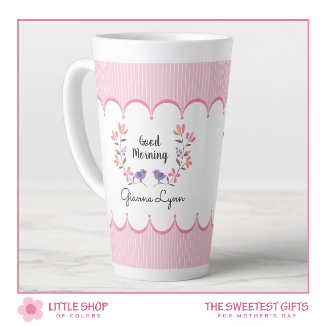 Tasse Latte Les rayures florales roses Personnalisées Fête des (Créateur téléchargé)