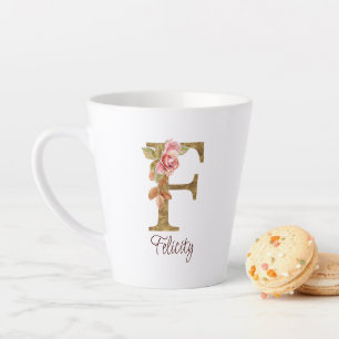Tasse Latte Lettre de nom personnalisée F Roses rose poudré fe