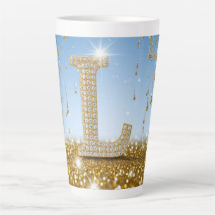 Tasse Latte Lettre L sur fond pailleté or avec éclat