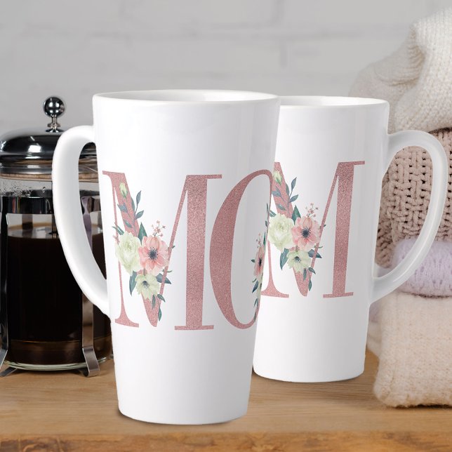 Tasse Latte LETTRE MOM Pretty Rose Florale Typographie (Créateur téléchargé)