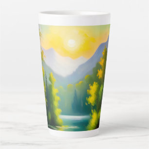 Tasse Latte Lever de soleil sur des montagnes enneigées et un