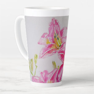 Tasse Latte Lilium floral à fleurs roses Aquarelle d'art