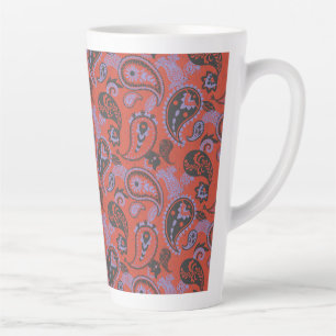 Tasse Latte Linocut Traditionnel Paisley Vivid Orange Violet