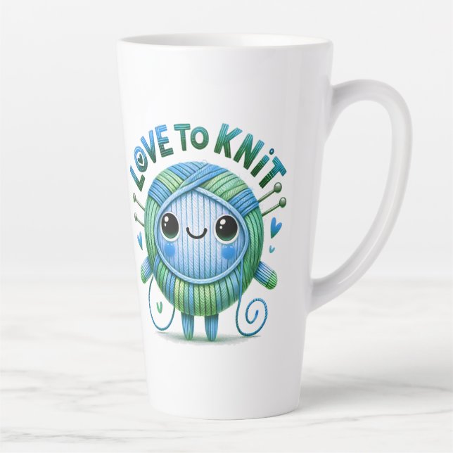 Tasse Latte Love to Knit Citation mignonne Bleu Vert Bal de Fi (Droite)