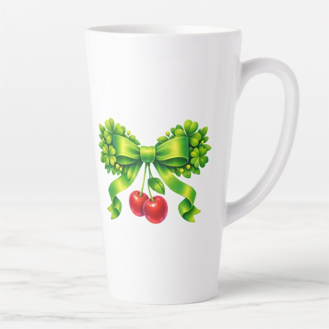 Tasse Latte Lucky Clover Bow with Cherries Green Design (Droite)