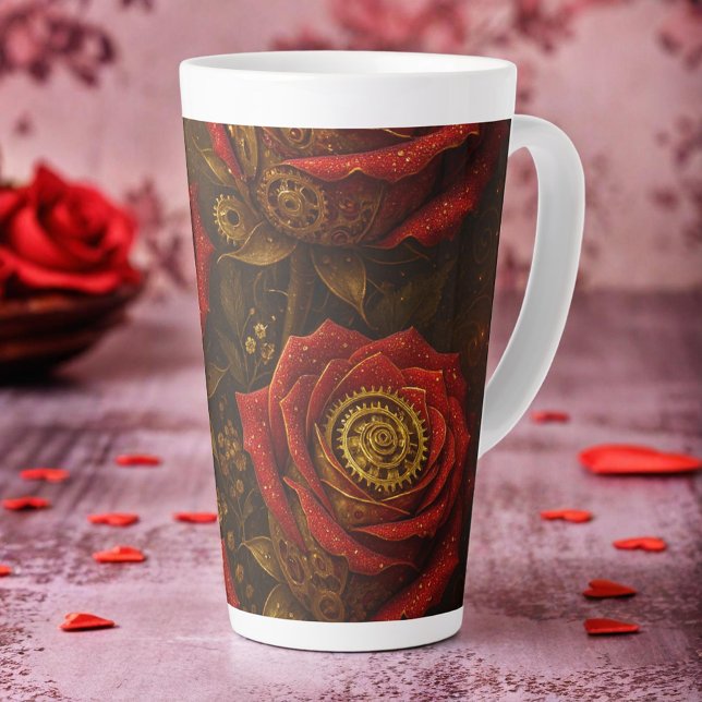 Tasse Latte Luxury Steampunk Roses Romantic Gold Gears (Créateur téléchargé)