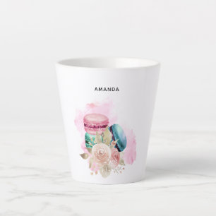 Tasse Latte Macarons et fleurs colorés Aquarelle