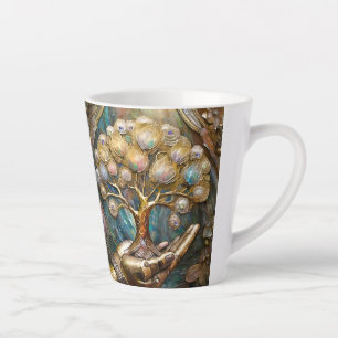 Tasse Latte Main Robot D'Or Tenant Arbre De Vie D'Or