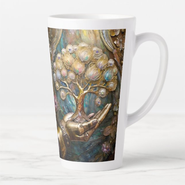 Tasse Latte Main Robot D'Or Tenant Arbre De Vie D'Or (Droite)