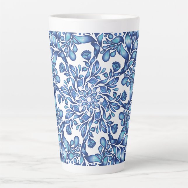 Tasse Latte Mandala aux fleurs et aux feuilles en blues (Devant)