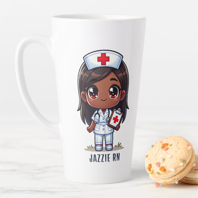 Tasse Latte Mange mange Noir Nurse Brunette Yeux Brown Personn (En situation)