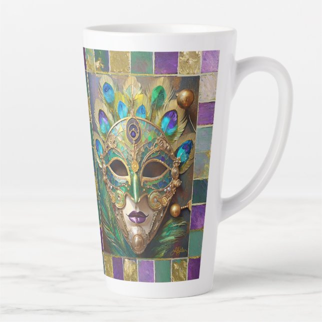 Tasse Latte Mardi Gras Gold Ceramic Peacock Feature Masque (Droite)
