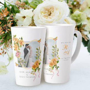 Tasse Latte Mariage photo de monogramme de ruban de rose d'or