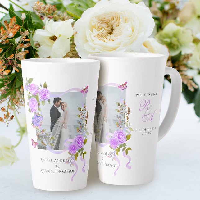 Tasse Latte Mariage photo de ruban Rose violet (Romantic Wedding Purple Rose 
Photo Latte Mug.)