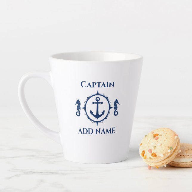Tasse Latte Marine Blue Seahorse & Ancre Nom ou bateau 2 Côté (En situation)