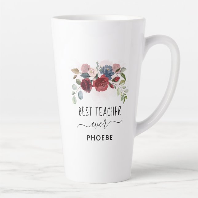 Tasse Latte Meilleur enseignant jamais Floral Nom personnalisé (Droite)