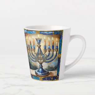 Tasse Latte Menorah de Hanukkah bleue