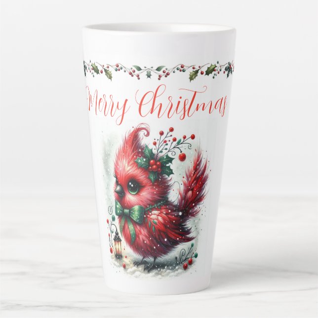 Tasse Latte Merry Christmas Script with Whimsical Holiday Bird (Devant)