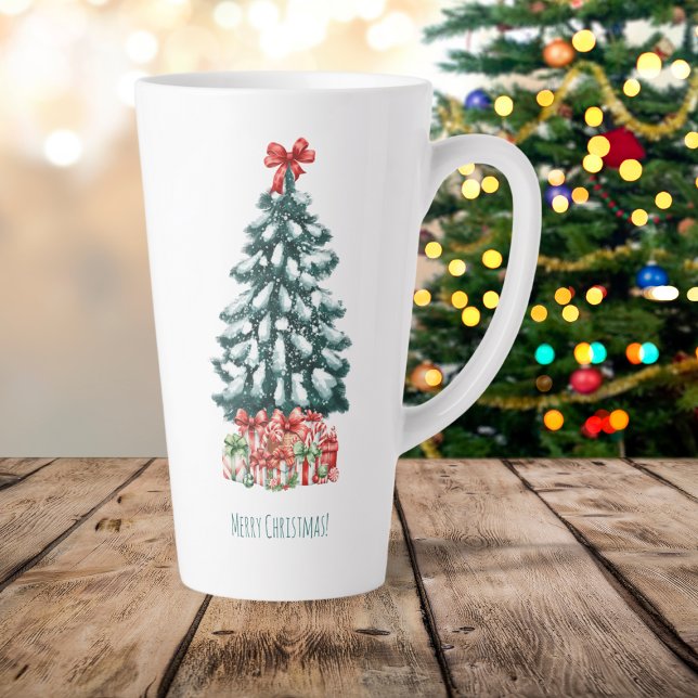 Tasse Latte Merry Christmas Snowy Pine Tree (Créateur téléchargé)