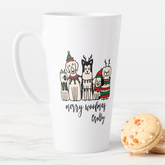 Tasse Latte Merry Woofmas Chiens mignons Noël Nom personnalisé (En situation)