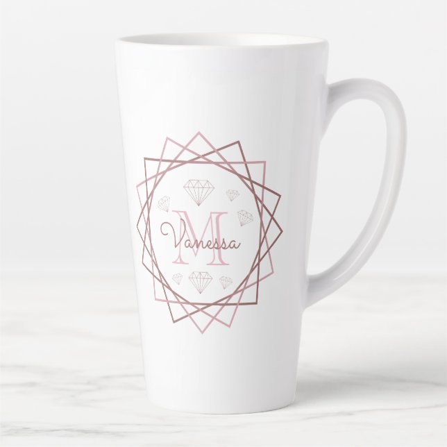 Tasse Latte Mignonne Rose or Monogramme géométrique (Droite)