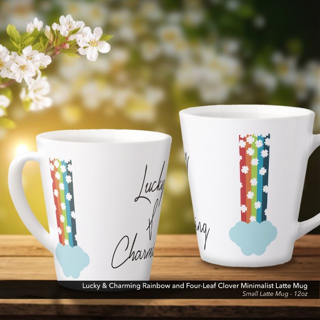 Tasse Latte Mini minimaliste à 4 feuilles avec arc-en-ciel Luc (Lucky & Charming Latte Mug with Minimalist Rainbow and Four-Leaf Clover Design)